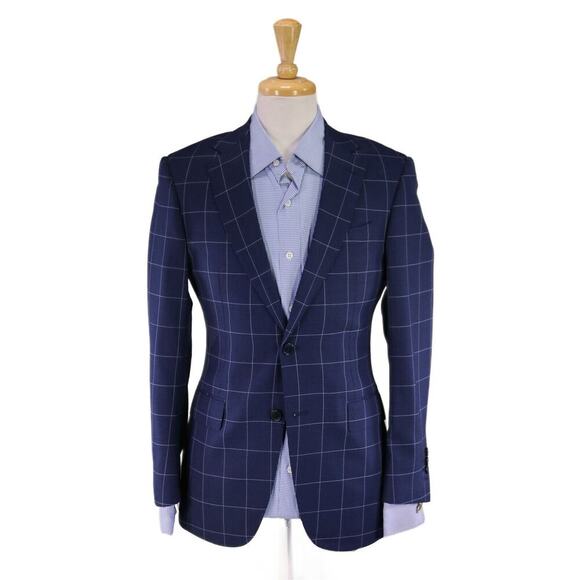 Bespoke! Custom Navy Blue Windowpane 2-Btn Wool Handmade Sportcoat Blazer 38S - Picture 1 of 9
